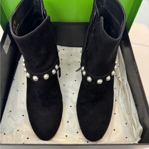 Kate Spade Stunner Suede Black Ankle Boots with Pearl Accents 10.5